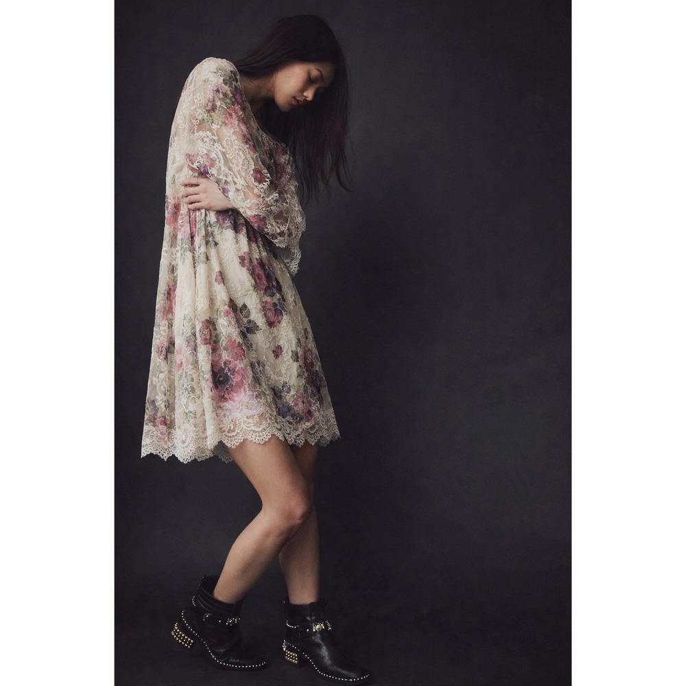 Origami Floral Lace Mini Dress S Pink Cream Boho Romantic Sheer